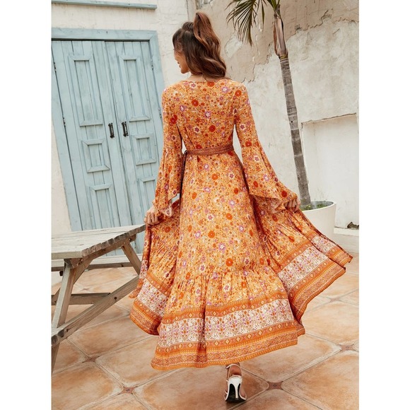 Boho long sleeve orange Floral Print Bell Sleeve Tie Front Wrap Dress maxi dress - Picture 2 of 7